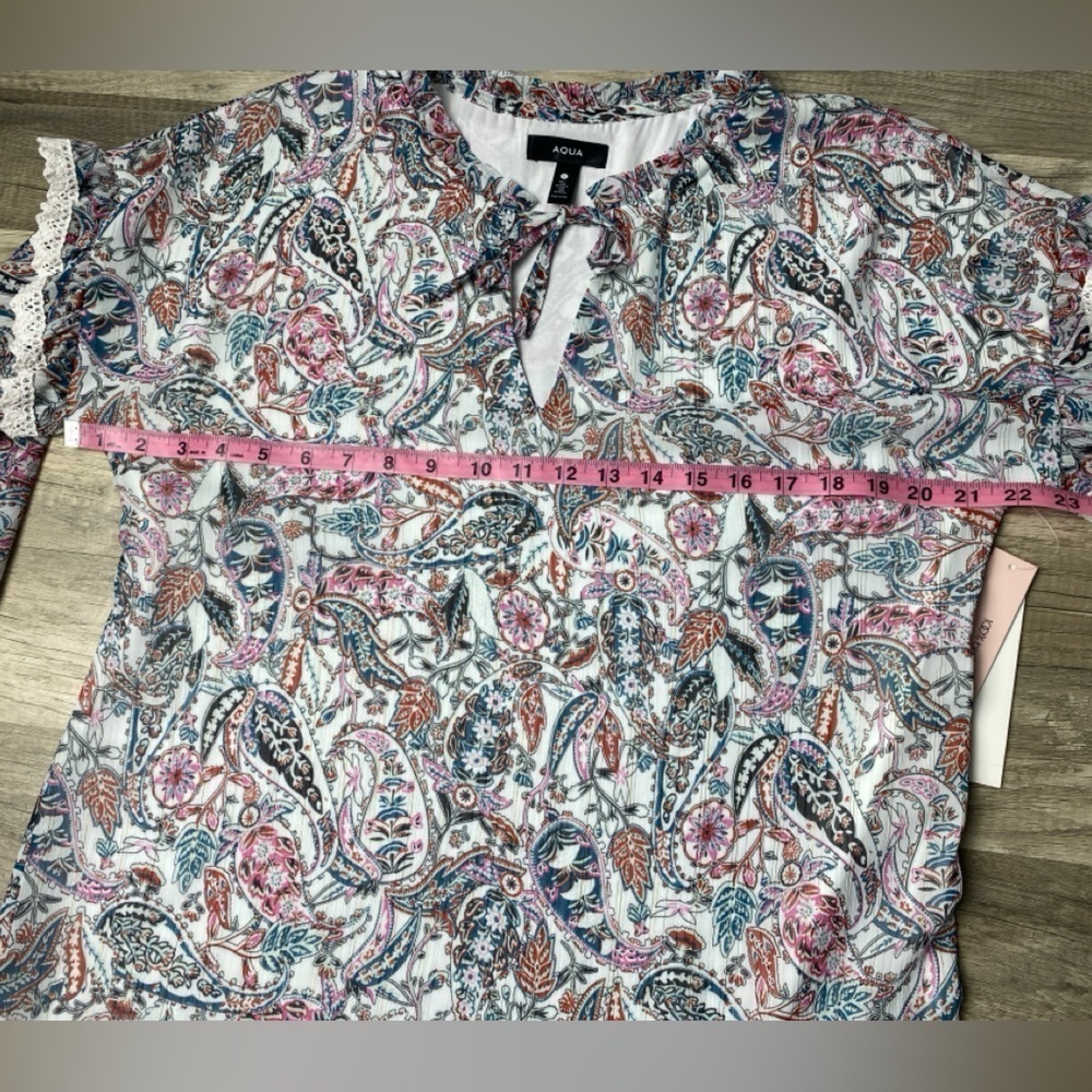 Aqua Paisley Lace Trim Top Women's S White Multi Split Tie Neck Long Sleeve - Picture 9 of 16